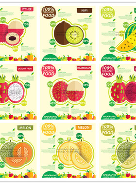 A2950矢量扁平化水果信息图荔枝猕猴桃红毛丹火龙果 AI设计素材