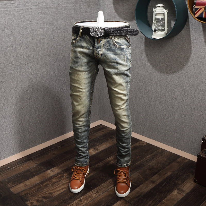 歐美春秋複古懷舊洗水黃牛仔褲男修身小直筒牛仔小腳彈力做舊在類目 男裝, 牛仔褲中 - 來自Buy2taobao.com提供專業的淘寶代購服務