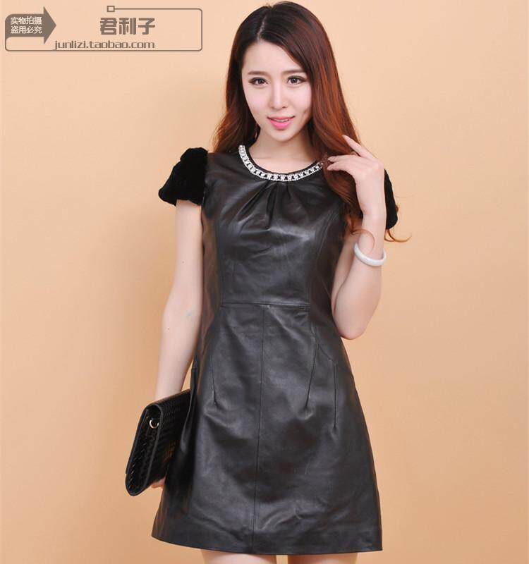 2014佟二堡海宁新款秋冬时尚獭兔毛甜美女裙绵羊皮皮裙真皮连衣裙
