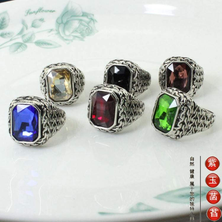 戒指男士欧美复古彩宝椭圆蓝宝6色多码凯特王妃宝石情侣戒cb033