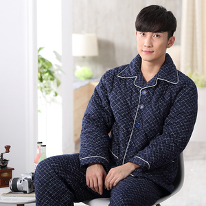 秋冬季睡衣三层夹棉加厚保暖长袖家居服男士中老年套装居家服套装