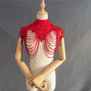 凯蒂婚饰 2017春夏季 中式 立领婚纱披肩大红色流苏水晶肩链 新款