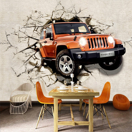 汽车破墙3D墙纸壁布办公室餐厅酒吧电视背景墙布壁纸大型壁画608
