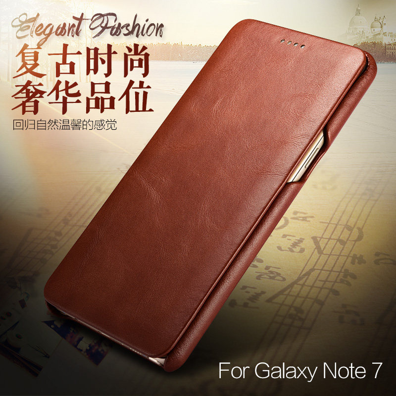 iCarer Curved Edge Vintage Series Side Open Handmade Genuine Cowhide Leather Case Cover for Samsung Galaxy Note 7