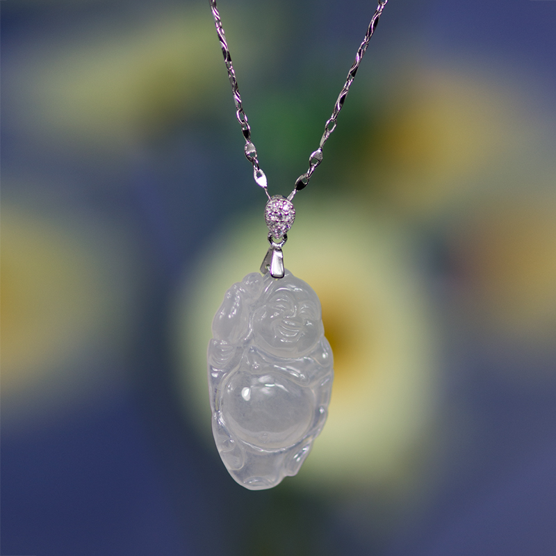 冰种玉佛翡翠佛配银扣项坠