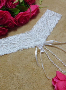 火辣性感女士内衣V型蕾丝珍珠挂链开裆丁字裤透视内裤ST7538