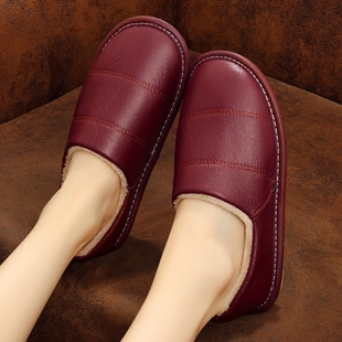 真皮包跟棉鞋女冬季室内居家情侣防水木地板厚底防滑牛筋底拖鞋男