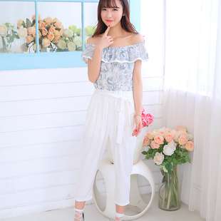 清仓特卖花炮大叔新甜美淑女修腰显瘦连体裤印花纱七分小脚连衣裤