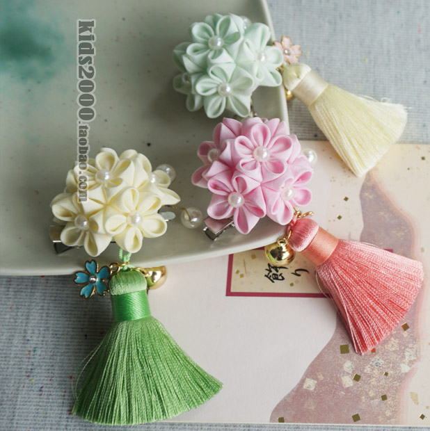 自染色纯手工【夏の色】小 胸针 发夹双用和风布花头饰流苏 樱花