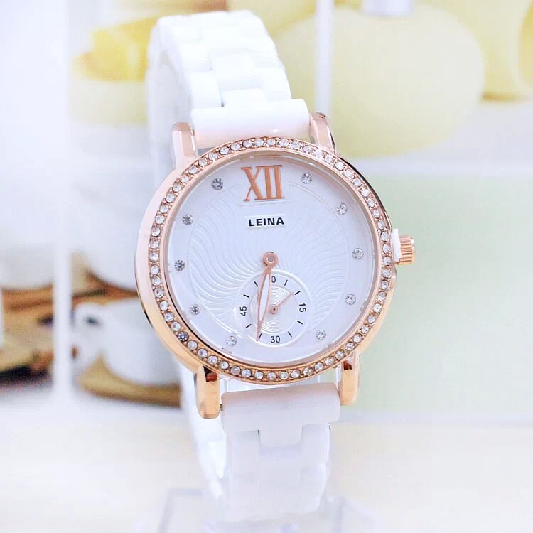 leina雷纳两针半陶瓷手表 防水钻女士手表夜光小秒盘时尚石英女表
