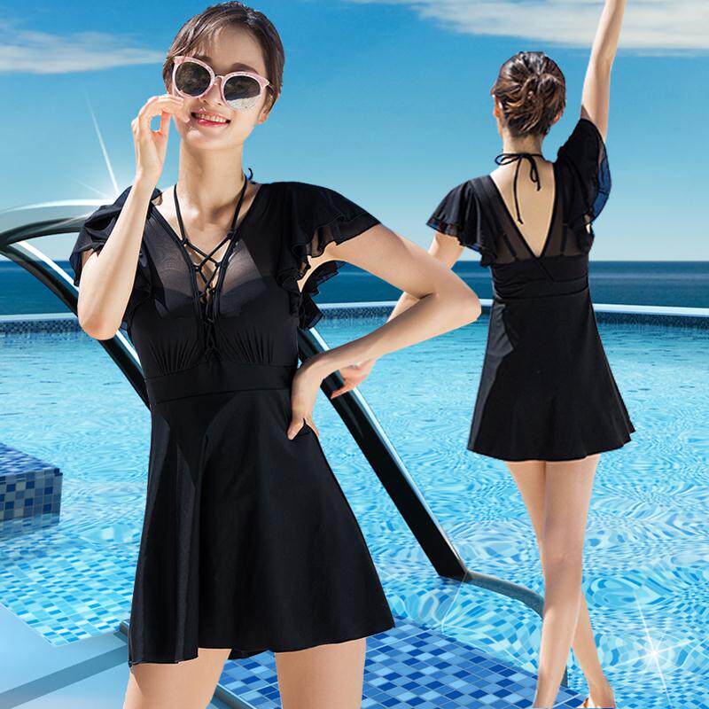 加肥加大码泳衣女胖MM新款连体裙式平角女式泳衣钢托聚拢显瘦保守