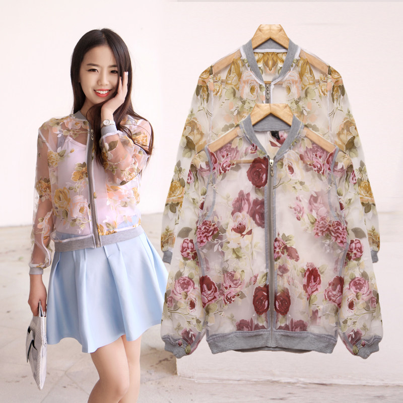 欧根纱印花棒球服 短外套 薄款防晒衣服欧美大码清仓尾货夹克