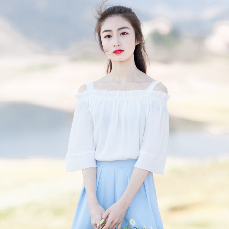 丝烁2019新款女士纯色雪纺衫一字肩上衣夏短袖小衫木耳领露肩吊带 丝烁旗舰店