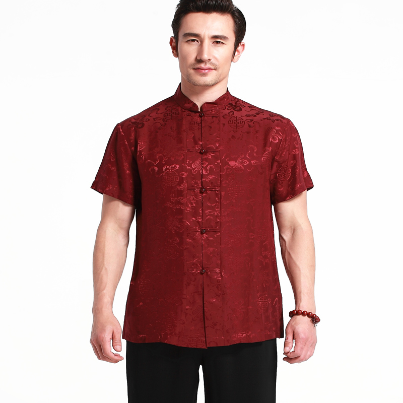 三变钱塘重磅真丝桑蚕丝中式中年唐装民族服装短袖衬衫休闲上衣