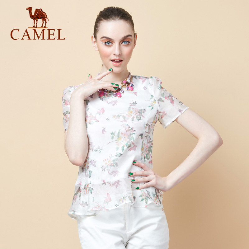 【非卖品】Camel骆驼夏荷叶边短袖甜美欧根纱雪纺衫印花上衣