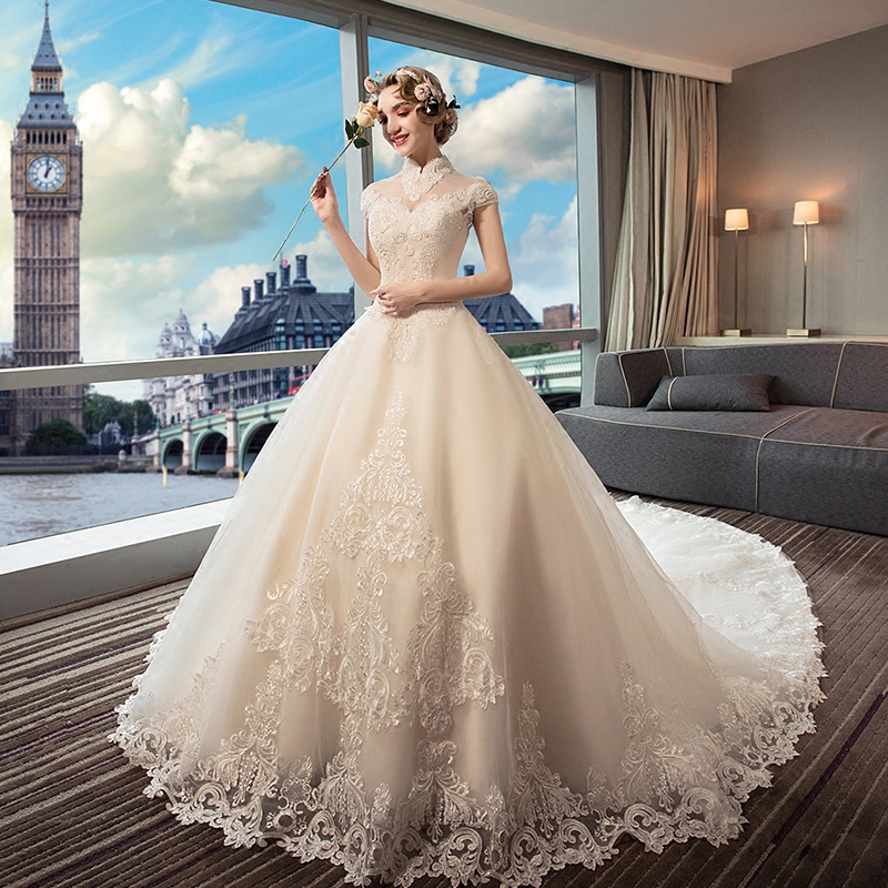 网红婚纱礼服显瘦公主大码2021新款法式立领梦幻拖尾新娘结婚婚纱