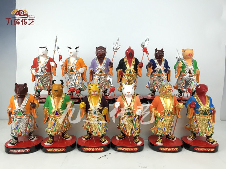 木雕十二生肖神像十二神将十二元辰将军30cm香樟木漆线雕九莲木雕