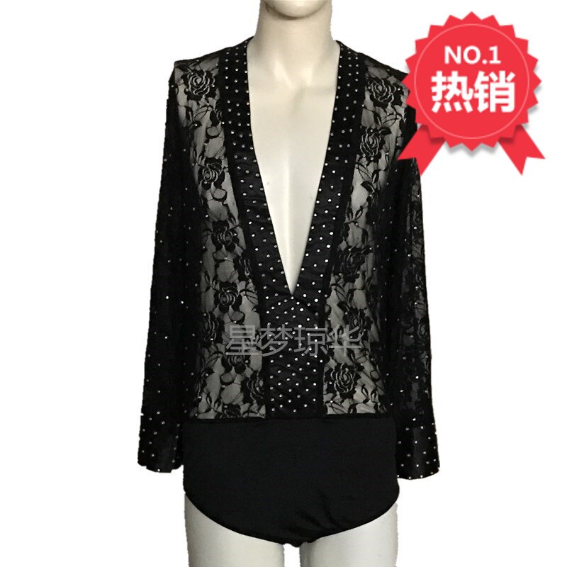 新款拉丁舞上衣成人专业表演服男士黑色蕾丝镶钻比赛服舞蹈服上衣