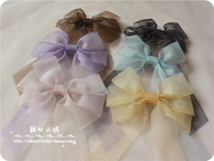 lolita手作日系软妹古着blingbling烫金点点雪纺蝴蝶结发夹