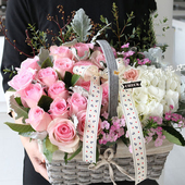 广州同城鲜花速递粉玫瑰花束白绣球花篮毕业季 生日礼物手捧花