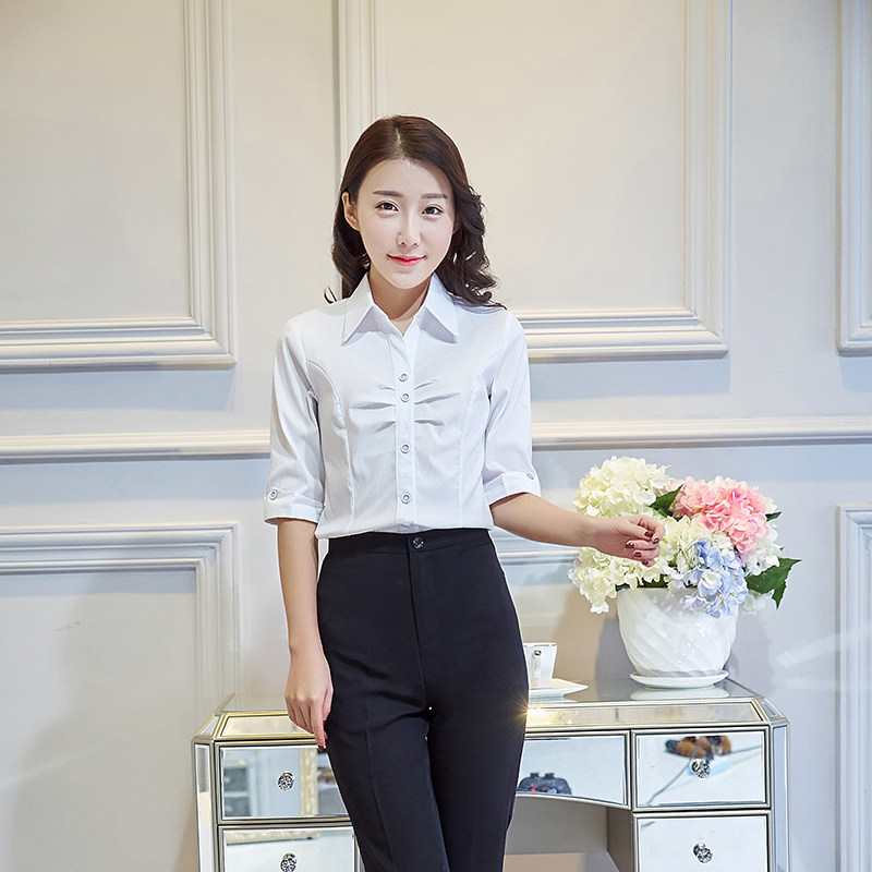 雅明仕中袖衬衫女五分袖衬衣工作服职业装女夏弹力棉短袖白衬衫