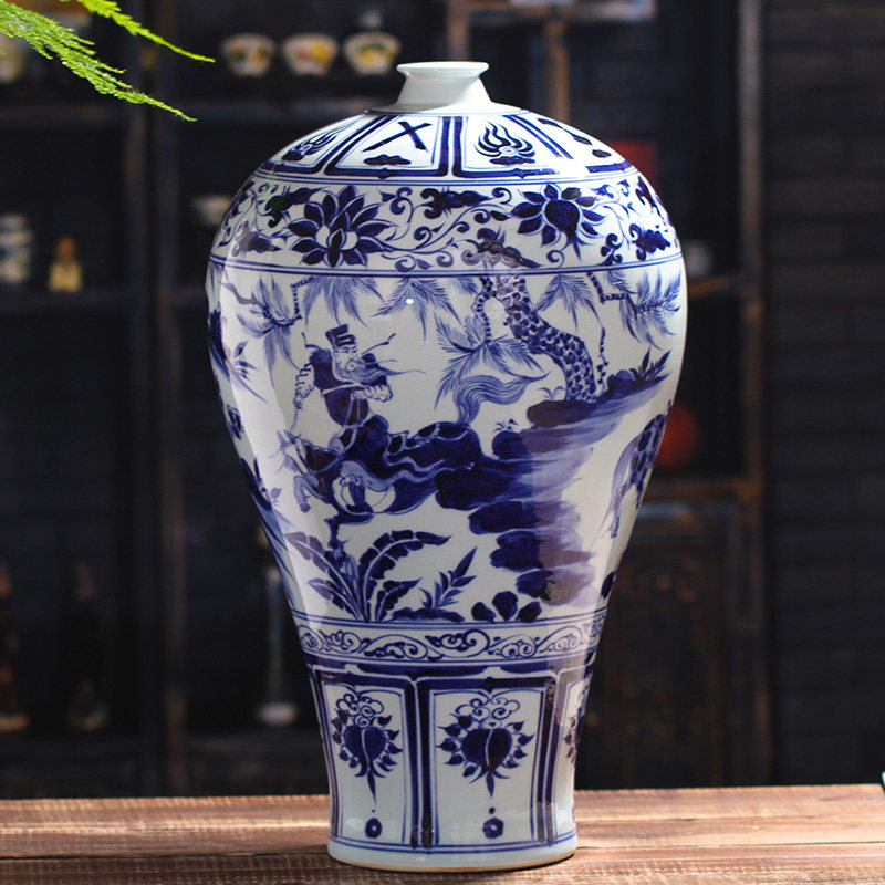 景德镇陶瓷器 仿古做旧手绘元青花瓷客厅装饰 中式花瓶摆件包邮
