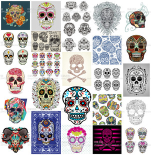 EPS格式 矢量设计素材 彩色花纹印花纹饰头骨骷髅T恤纹身图案