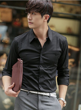 HSCP商务休闲韩版长袖衬衫男士修身衬衣白色黑色时尚英伦男装上衣