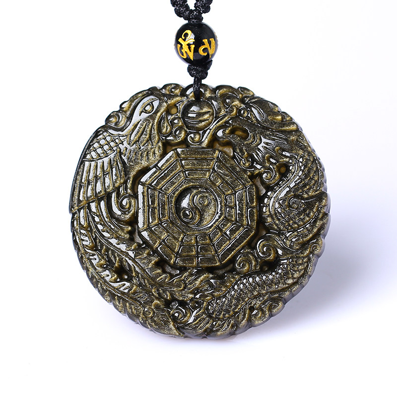 黑曜石龙凤八卦吊坠五行开泰八卦福吉祥物吊坠项链