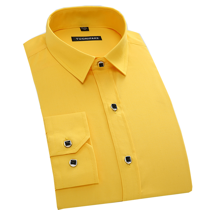 春装韩版修身钻扣伴郎黄色衬衣