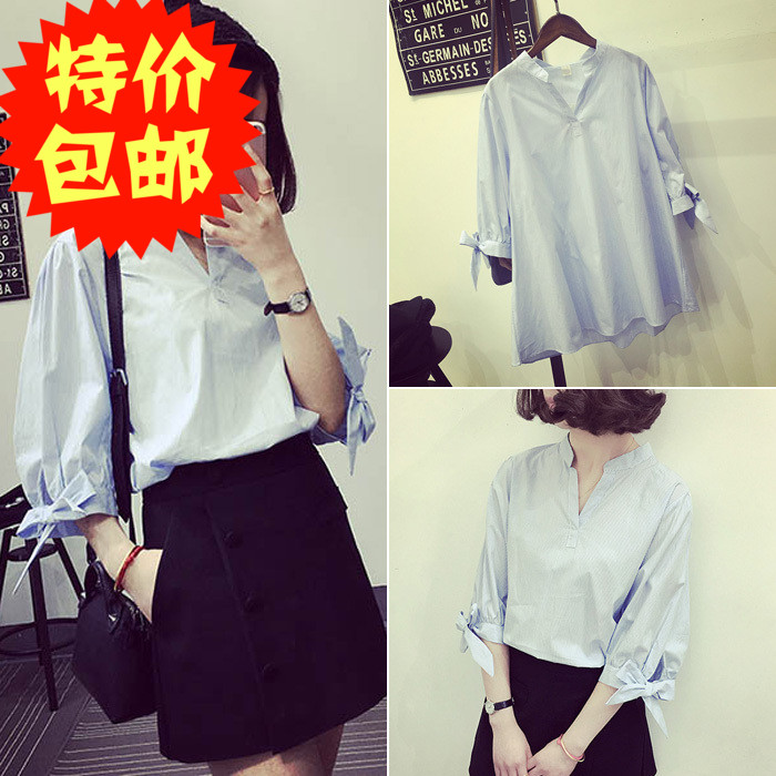 2020春夏新款宽松显瘦V领套头衬衫韩范中长款长袖条纹上衣女学生|ruв категории Женская одежда, рубашка - от Buy2taobao.com для оказания профессиональной услуги покупки агента Taobao