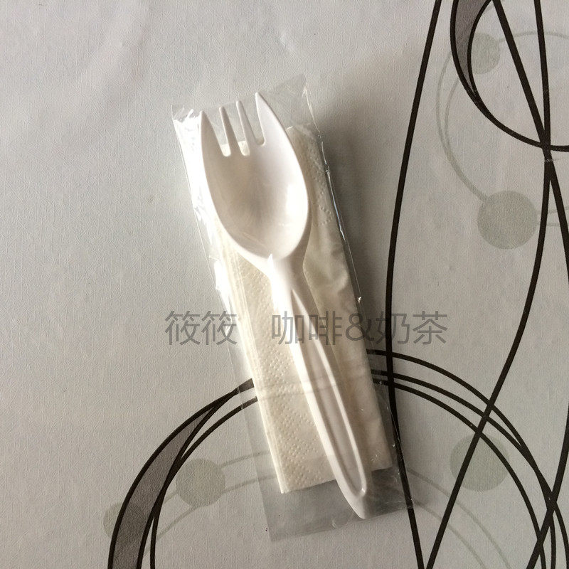 一次性塑料勺 白色叉勺配唯洁雅230方巾纸  打包餐具套装 100套