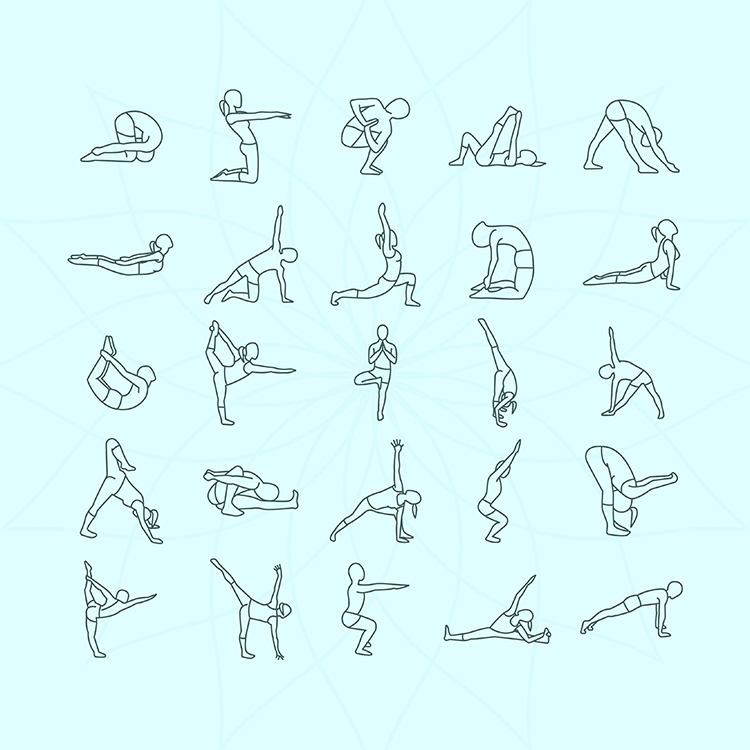 线描瑜伽人物动作ai矢量素材 25款女性练瑜伽动作图标 设计素材