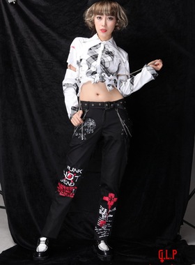 ╋魔叹╋ GLP日系视觉朋克原宿骷髅哥特暗黑中性长裤 配腰包71316