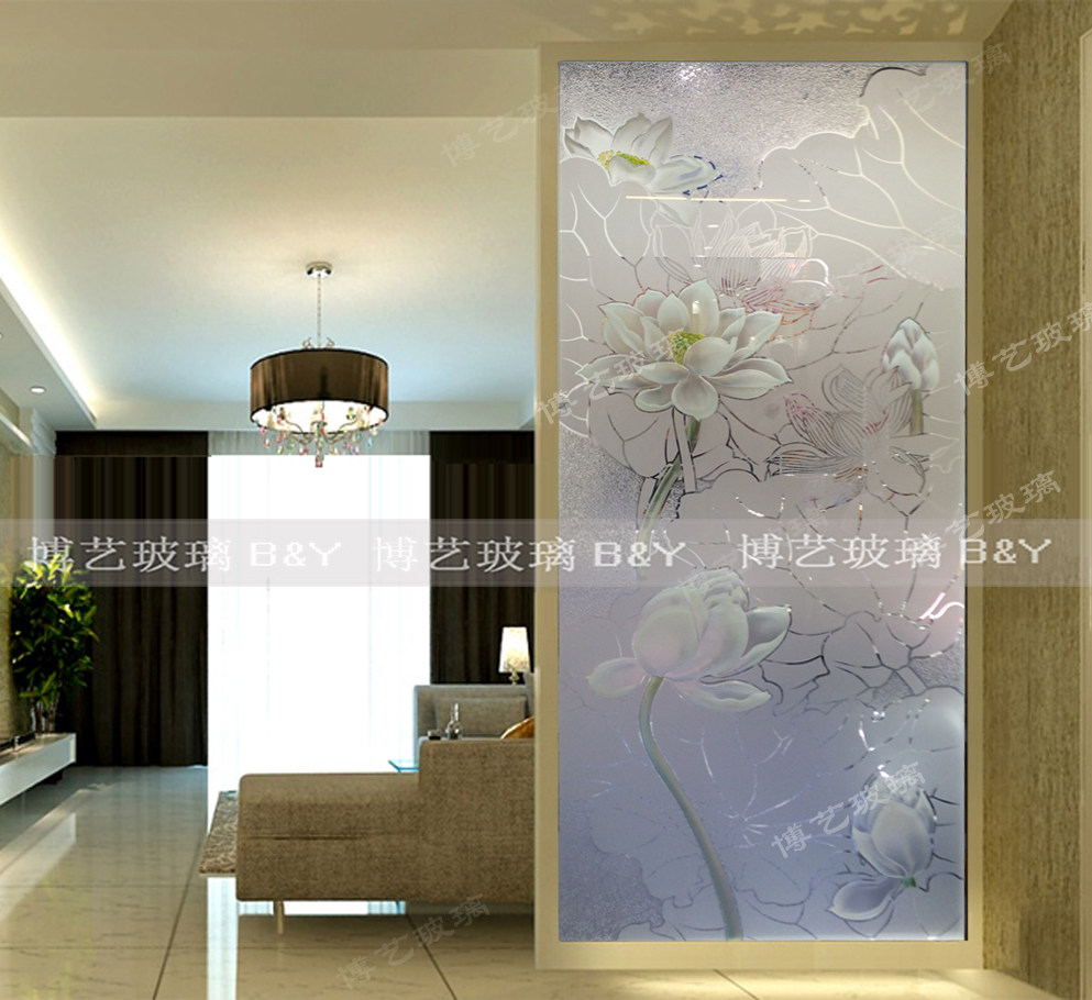玄关艺术玻璃现代简约新中式荷花透光钢化隔断客厅入户手工雕刻