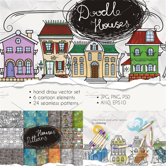 [532]AI矢量设计素材 可爱手绘房屋插画简笔画四方连续背景含psd