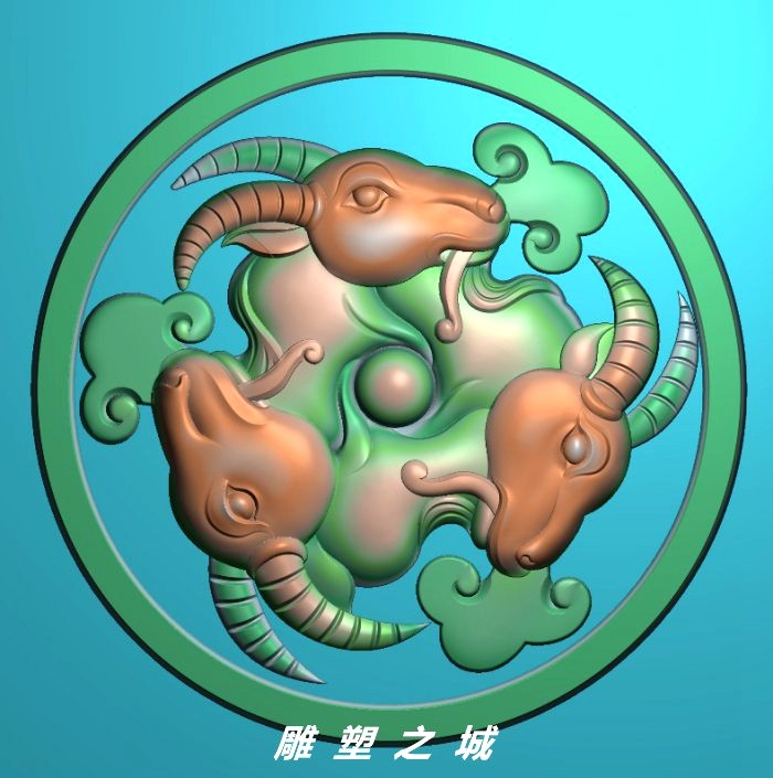 精雕图 灰度图 浮雕图 电脑雕刻图 jdp 玉雕创意圆灵芝三阳开泰