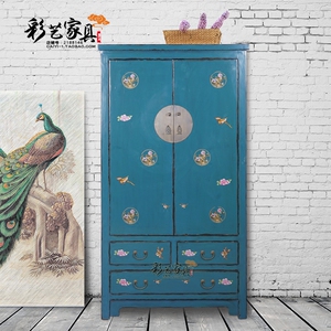 新中式衣柜储物柜仿古手绘实木高柜衣橱家用卧室客厅柜子古典定制