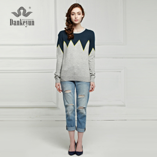 山羊绒套头衫 女几何纹修身 圆领羊绒上衣 旦可韵2015秋冬新款