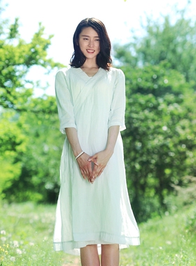 原创设计品牌棉麻女装 苎麻斜襟复古中式薄荷绿色汉服连衣裙 茶服