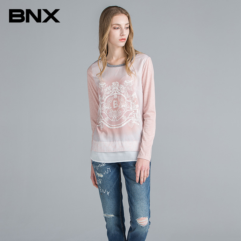 BNXײɫƴ½ÓÇï¼¾ÐÂÆ·Å®×°Ô²ÁìÓ¡»¨¿ª²æ³¤ÐäÐÝÏÐTÐôBNCTS050K0