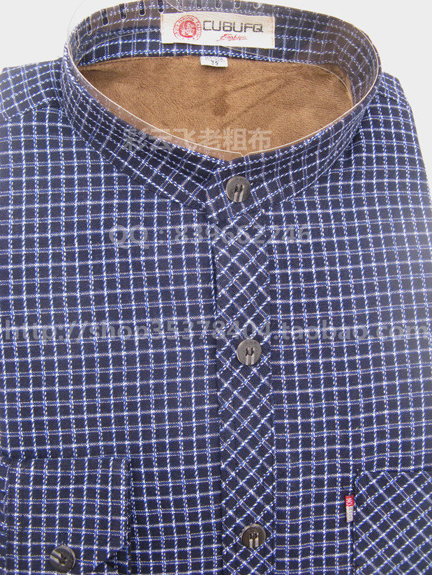 冬季全棉手工老粗布 加绒加厚男士长袖格子立领衬衫土布男式衬衣