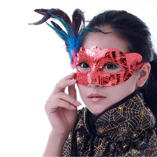 爱新奇 表演面具儿童节面具A13雕花小美女侧羽毛花面具 舞会面具