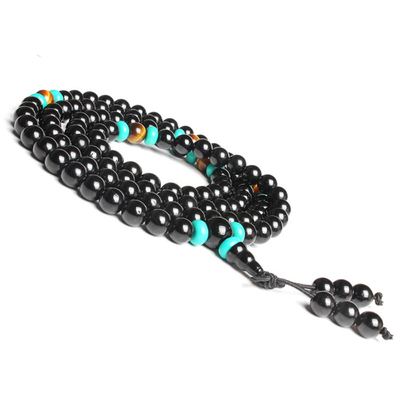 天然黑玛瑙绿松石多圈佛珠手链
