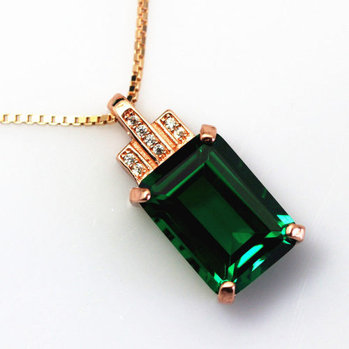 长方形祖母绿宝石吊坠项链女士珠宝首饰彩色宝石纯银镀玫瑰金坠子