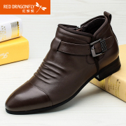 Red Dragonfly winter new genuine leather men's shoes a short tube belt buckle side zip British business leather shoes