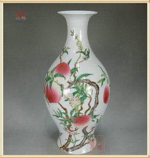 景德镇仿古陶瓷器花瓶手绘粉彩八桃橄榄瓶家居饰品工艺品摆件摆设