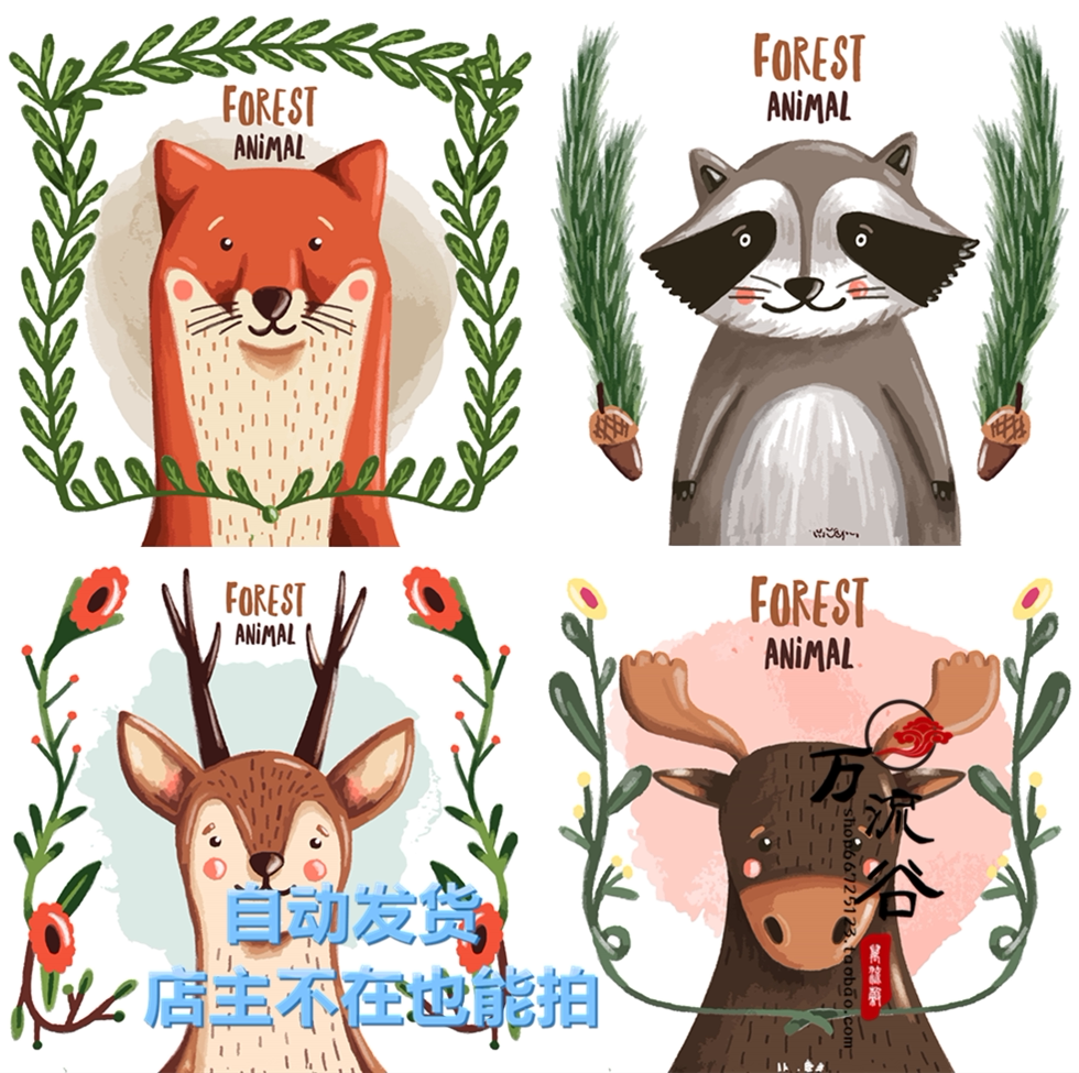 矢量可爱森林动物贺卡海报狐狸鹿松鼠浣熊图案标 eps平面设计素材
