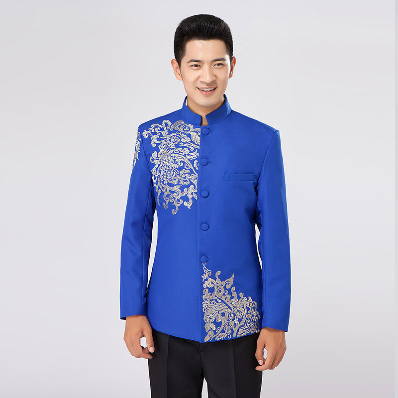 新款蓝色绣花中山装演出服男套装大合唱服装表演服歌手主持人礼服