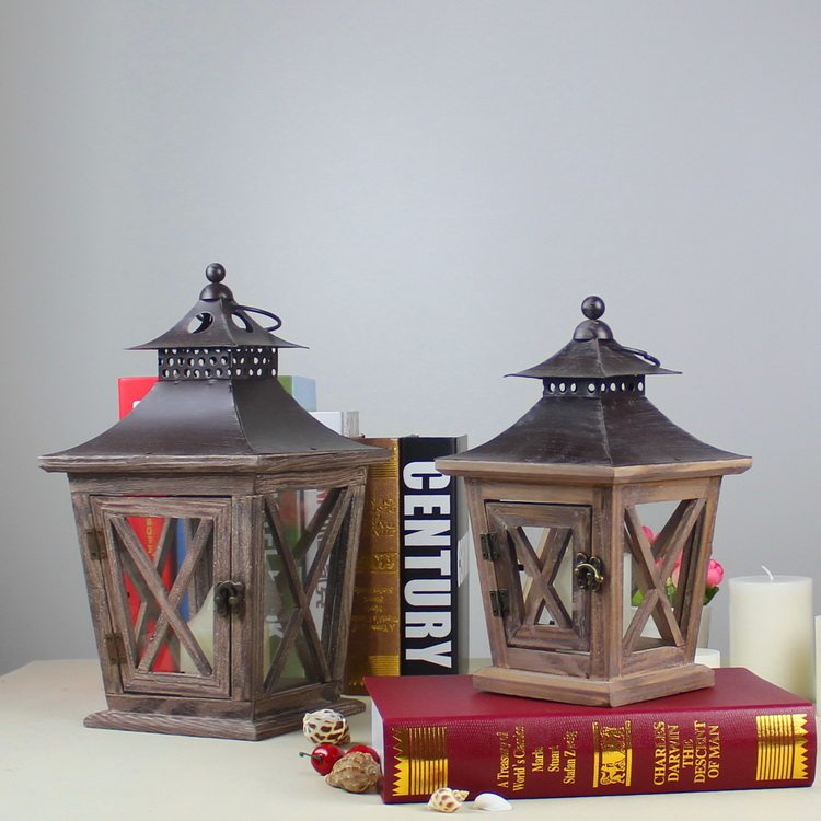 复古烛台摆件木制防风灯铁艺玻璃灯笼手提落地蜡烛台家居拍摄道具